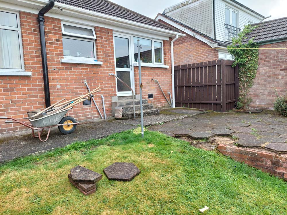 Broken paving slabs in an overgrown back garden